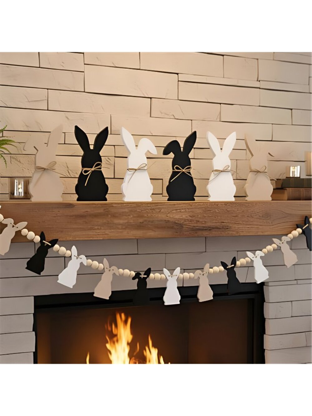 7 Pcs Easter Bunny Decorations, Mantel Beaded Garland with 6 Wooden Bunnies
